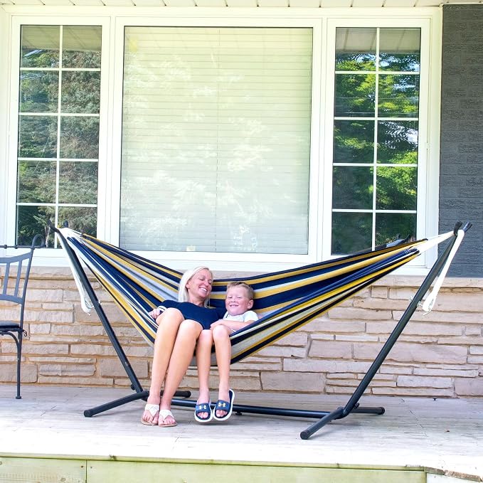 Vivere Double Cotton Hammock with Space Saving Steel Stand, Upgraded Polyester End Strings 450 lb Capacity - Premium Carry Bag Included - USA Grown Cotton (Serenity)