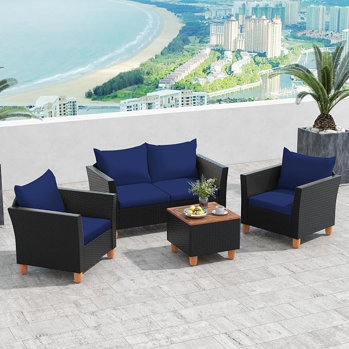 HAPPYGRILL 4 Pieces Wicker Patio Conversation Set, PE Rattan Chair & Ottoman Set with Removable Cushions, Storage Coffee Table, Outdoor Furniture Set for Garden Backyard Poolside (Navy)