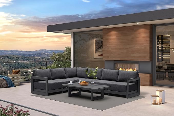 PURPLE LEAF Patio Furniture Set L-Shaped Outdoor Couch with 9.6" Thick Cushion and Soft Pillows 7 Piece Outdoor Sectional Sofas with Table Modern Outdoor Conversation Sets for Yard Porch Deck, Grey