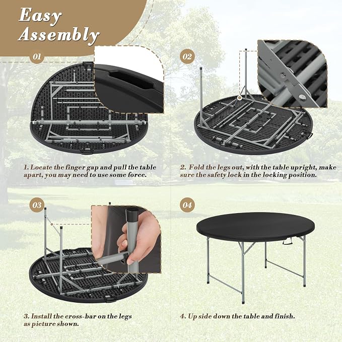 Athena Collection 4ft Folding Table, Indoor Outdoor Foldable Round Card Portable Plastic Craft Table with Lock & Handle, Collapsible Dining Desk for Commercial Party Camping, Black