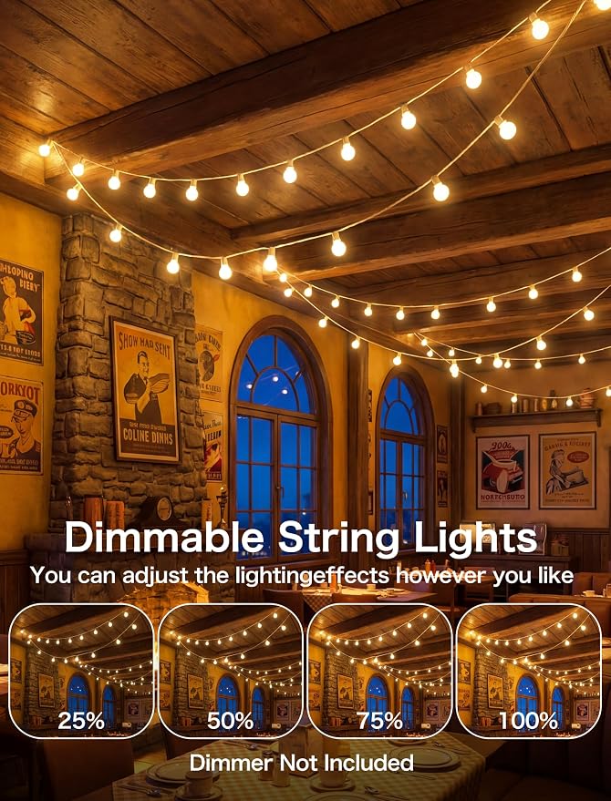SUNSGNE 25FT G40 LED Outdoor White String Lights with 27 White Solid Shatterproof Globe Bulbs (2 Spare), Outdoor Hanging Edison Lights for Room Café Bistro Pergola Tents, White Wire