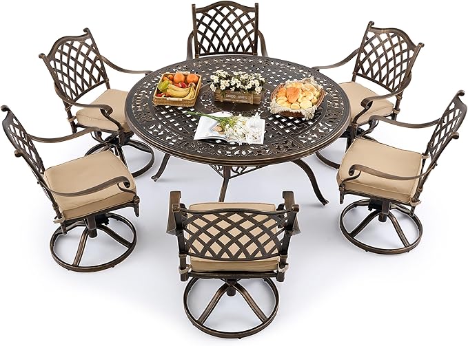 Outdoor Dining Set Cast Aluminum Retro Patio Dining Set with Thicker Cushion and Umbrella Hole for Patio Deck (Bronze Swivel Chair(Lattice), 7 Pcs(54" Round Table))
