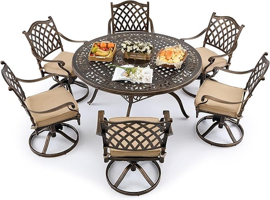 Outdoor Dining Set Cast Aluminum Retro Patio Dining Set with Thicker Cushion and Umbrella Hole for Patio Deck (Bronze Swivel Chair(Lattice), 7 Pcs(54" Round Table))