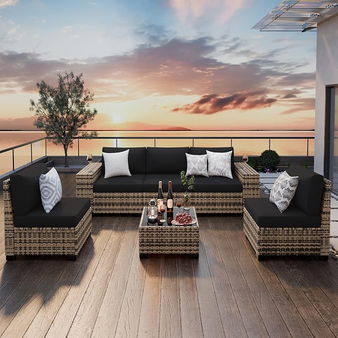 Amopatio 6 Piece Patio Furniture Set with 8" Armrest & 4" Thiken Cushion, Outdoor Wicker Rattan Sectional Sofa Conversation Set for Backyard, Garden, Poolside(Black Cushion)