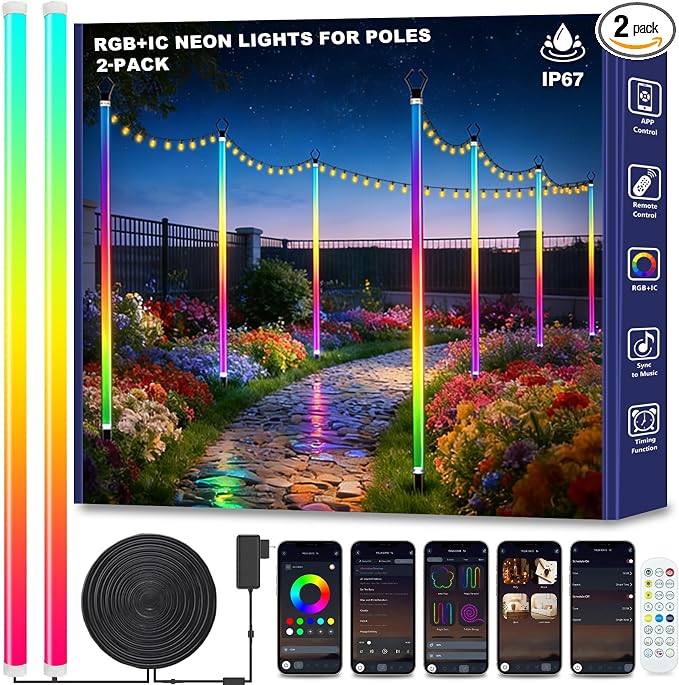 AILBTON 2-Pack 6.6FT RGB+IC Neon Ambient Light for Poles,Outdoor Clip-on Chasing Effect Lighting, Waterproof Neon Atmosphere Lights for Patio Outdoor Living Camping Party