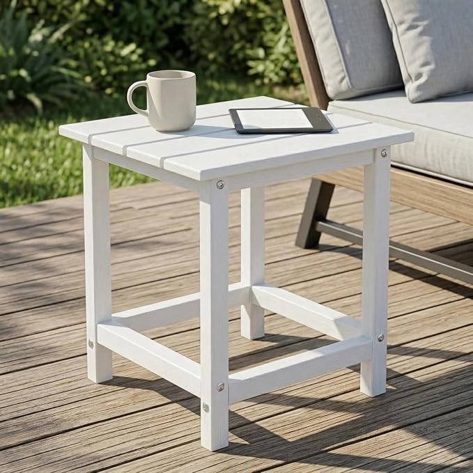 Kromax Outdoor Side Table, Adirondack Square Outdoor Patio Table, Easy Maintenance & Weather Resistant, HDPE End Tables for Backyard, Pool, Patio, Porch, White