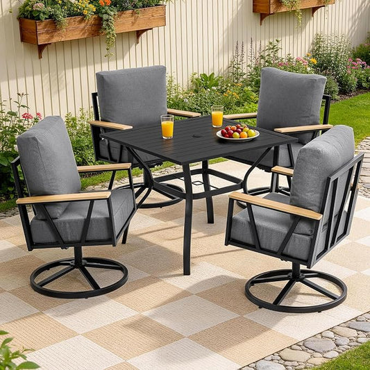 Set of 5 Outdoor Swivel Chairs with Patio Table,Patio Dining Chairs with 5" Thick Cushions,Outdoor Swivel Rocker Chairs with Umbrella Hole Weather Resistant Seating for Balcony Garden