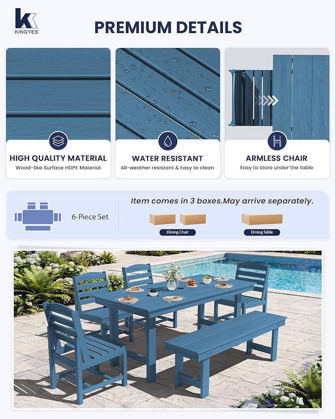 KINGYES 6-Piece Patio Dining Set, HDPE Table, Bench and Armless Chairs Outdoor Furniture Set with Umbrella Hole, Blue