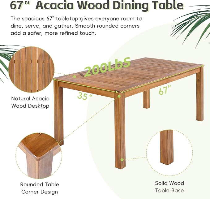 Merax Outdoor Dining Table for 6, 67" L Rectangular Acacia Wood Patio Table for Lawn, Backyard, Garden, Natural