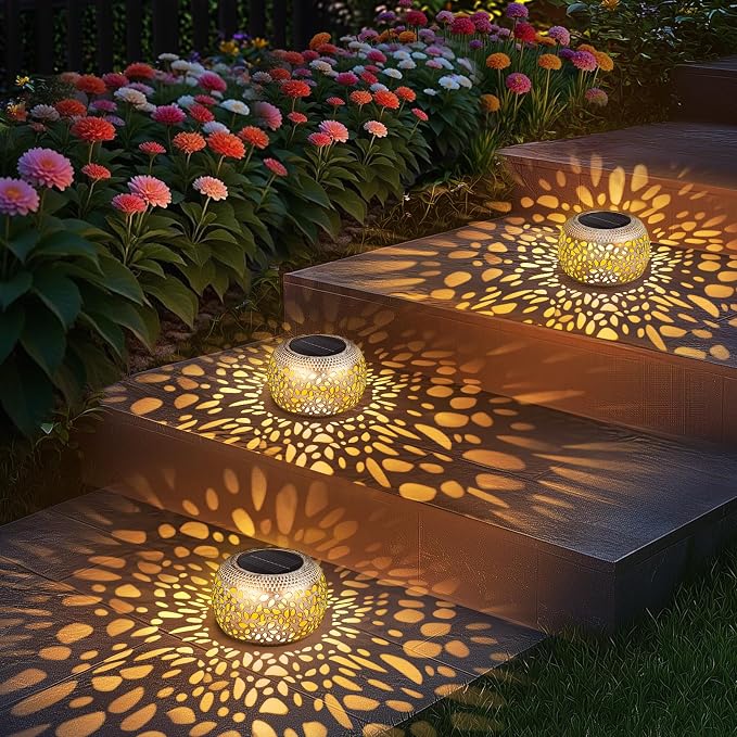 Solar Lanterns Outdoor Waterproof: 2 Pack White Gold Metal Patio Lights | 2 Lighting Colors, Unique Flower Pattern Projection, Vintage Patio Garden Tabletop Decorations, Gifts for Mom & Garden Lovers