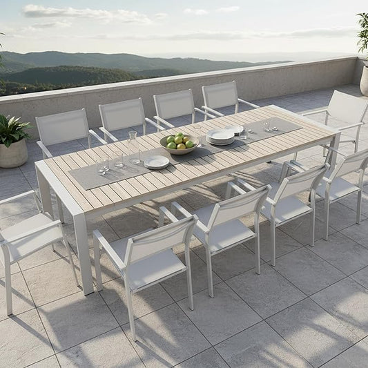 Outdoor Patio Furniture Set 11 Piece, Extendable Patio Dining Table for 6-10 People and 10 Patio Dining Chairs with Armrest, All-Weather Aluminum Patio Dining Furniture Set for Garden Lawn