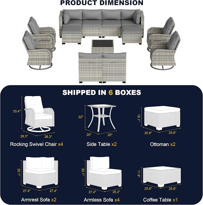 15-Piece Outdoor Patio Furniture Set with Rocking Swivel Chair, Wicker Rattan Sectional Sofa Conversation Set with Tempered Glass Table with Ottomans, Backyard Furniture, Grey