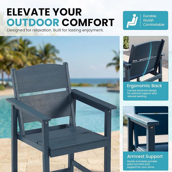Outdoor Bar Table Set 3 Piece, HDPE Patio Bar Height Furniture Set with 2 Chairs, Small Space Patio Furniture, Weather Resistant Balcony Bistro Set for Garden, Deck, Porch, Deep Blue