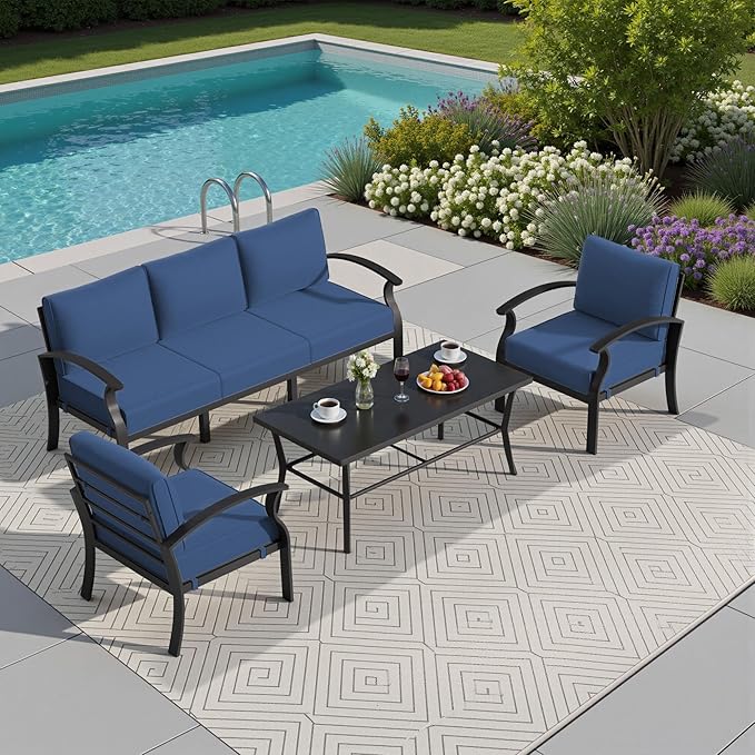 Kullavik Aluminum Patio Furniture Set,4 Piece Modern Metal Outdoor Patio Furniture w/5.1'' Thick Cushion and Rectangular Coffee Table,Patio Conversation Sets for Porch,Deck,NavyBlue