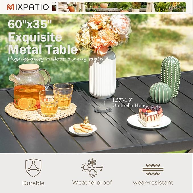 MIXPATIO 7 Pieces Outdoor Patio Dining Set, Rectangular Metal Patio Table with Umbrella Hole, 2 Swivel and 4 Fixed Chairs with 3.2" Cushion for Yard, Porch, Beige