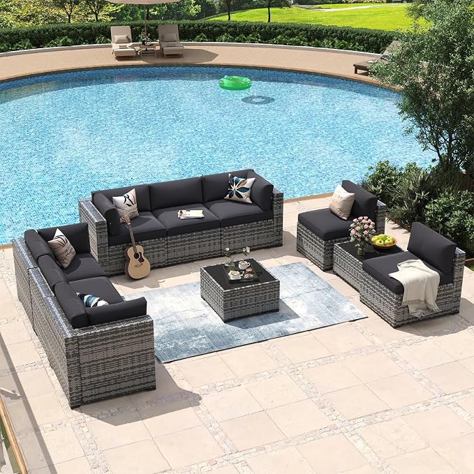 Aoxun 10 Piece Patio Furniture Set Wicker Rattan Patio Conversation Set Outdoor Sectional Sofa Set with Coffee Table and Thickened Cushions, Gray/Black