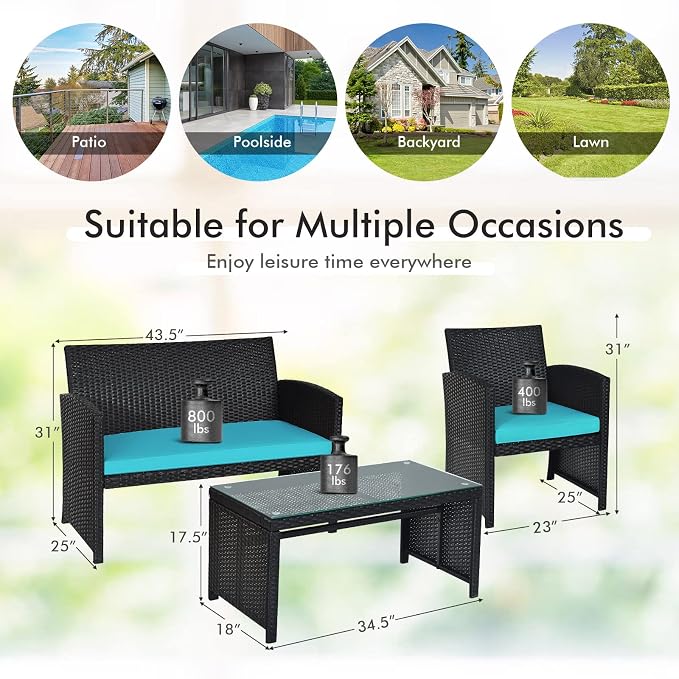 DORTALA 8 Pieces Patio Wicker Conversation Furniture Set, Outdoor Rattan Sofas with Bistro Sets with Coffee Table for Courtyard Balcony Wicker Chairs with Soft Cushion and Table, Turquoise