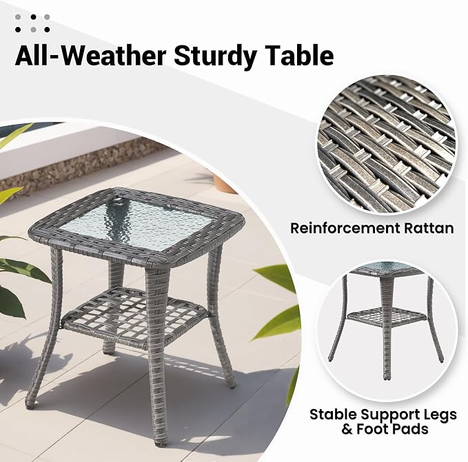 ovios Outdoor Side Table with Tempered Glass Top, Patio Wicker Rattan Bistro Coffee Tables with 2 Tiers Storage for Porch Deck Balcony Garden Poolside, Grey