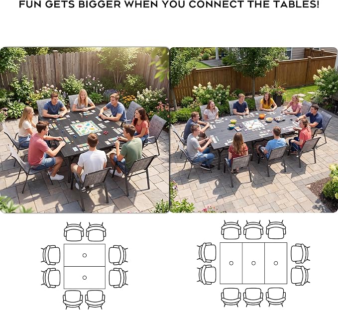 Patio Outdoor Dining Table, Wood-Grain Patio Table with Umbrella Hole, All-Weather Metal Dining Table for Party, Lawn & Garden (63“ x 37.8”) Black