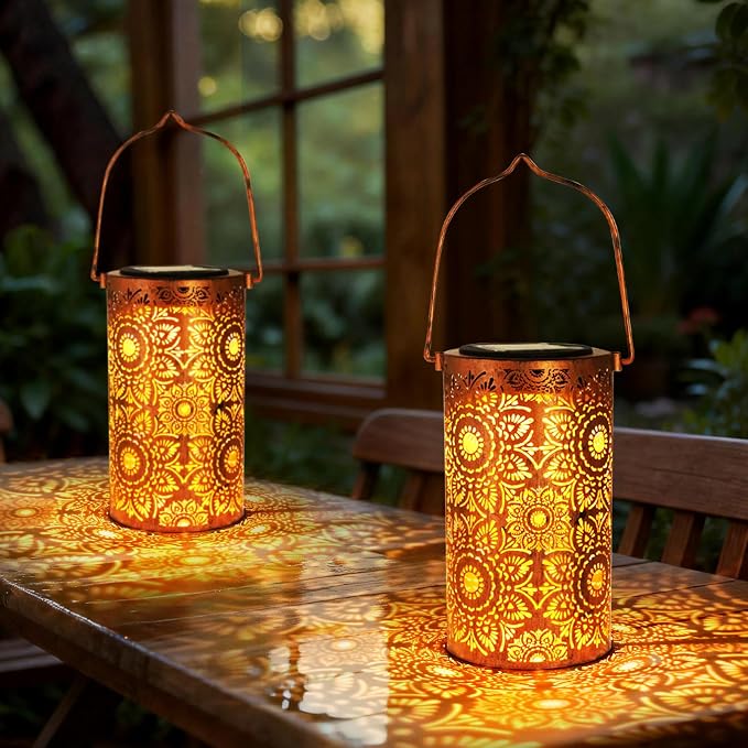 DIBIEECN Birthday Gifts for Women Mom Grandma Wife, Solar Lanterns Outdoor Waterproof, Metal Hanging Lights Garden Decor, LED Decorative Lantern for Patio Porch Backyard, Sunflower, 2 Pack