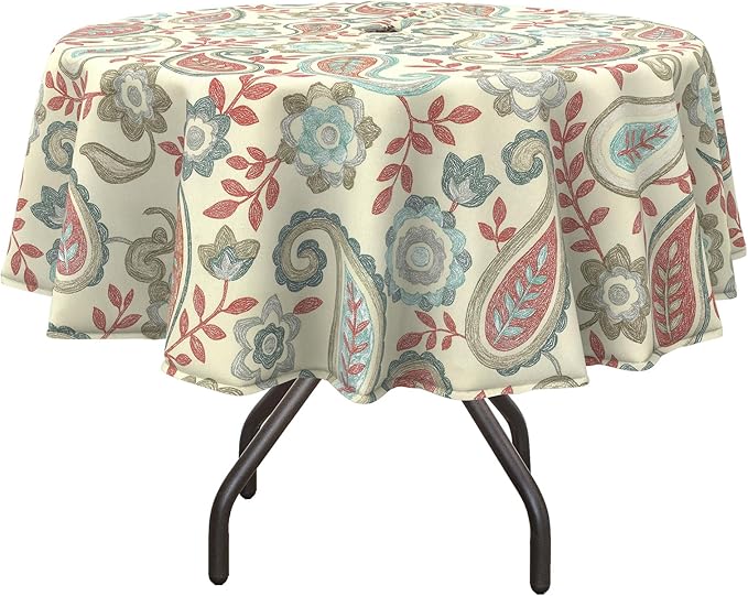 DYTXIII Outdoor Round Tablecloth with Umbrella Hole 60 Inch, Water Repellent & Fade Resistant Table Cover, All Weather Outdoor Tablecloth for Garden & Party Table, Paisley Vintage