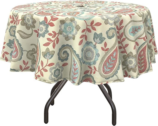 DYTXIII Outdoor Round Tablecloth with Umbrella Hole 60 Inch, Water Repellent & Fade Resistant Table Cover, All Weather Outdoor Tablecloth for Garden & Party Table, Paisley Vintage