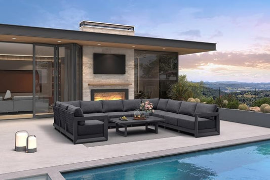 PURPLE LEAF Patio Furniture Set U-Shaped Outdoor Couch with 9.6" Thick Cushion and Soft Pillows 11 Piece Outdoor Sectional Sofas with Table Modern Patio Conversation Sets for Yard Porch Deck, Grey