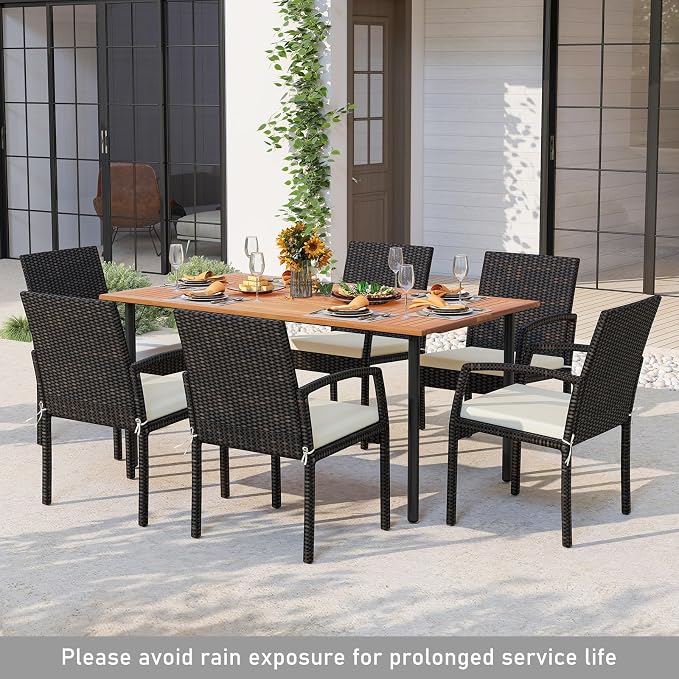 Tangkula 7 Pieces Outdoor Dining Set, Patio Acacia Wood Table and PE Rattan Chairs with Soft Cushions and 2” Umbrella Hole for Deck, Garden and Backyard