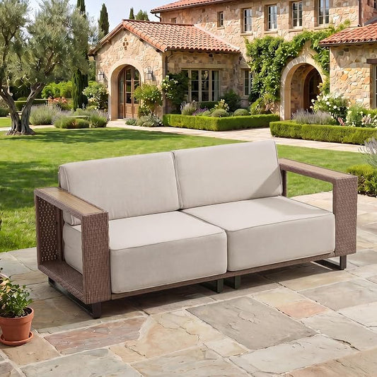 Bonzy Home Patio Loveseat Sofa, Wicker Rattan Loveseat Couch with Widened Armrest and Extra-Thick Soft Cushions, Patio Conversation Sets for Porch, Garden Poolside Balcony