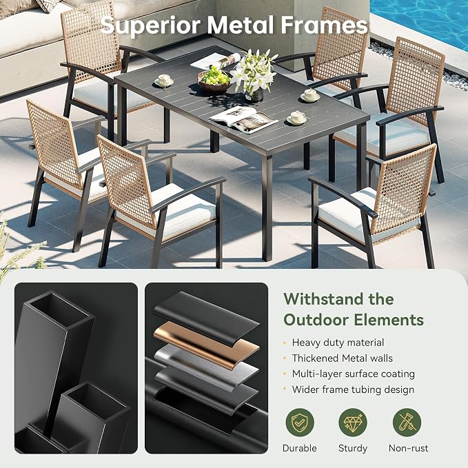 Aoxun 7-Piece Patio Table and Chairs Set for 6 with Umbrella Hole, Outdoor Dining Set with 6 Wicker Chairs and 1 Rectangular Metal Table, Patio Dining Sets with Soft Cushion for Backyard, Garden
