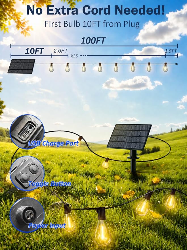 100FT Solar String Lights Outdoor, Dimmable Patio Lights Solar Powered with Remote & USB Port 35+1 LED Shatterproof Bulbs 3 Light Modes, Waterproof Solar Light for Camping Backyard Garden
