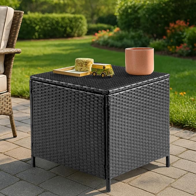 Vasitelan Outdoor Wicker Storage Side Table, Patio Brown PE Rattan End Table with Storage, Square Container for Furniture Covers, Gardening Tools (Black)
