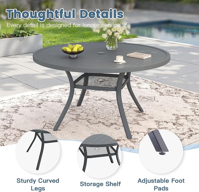 DIFY 48" Round Patio Dining Table for 6, All Weather Round Outdoor Metal Dining Table with 1.57" Umbrella Hole, Perfect for Backyard Lawn Garden, Grey