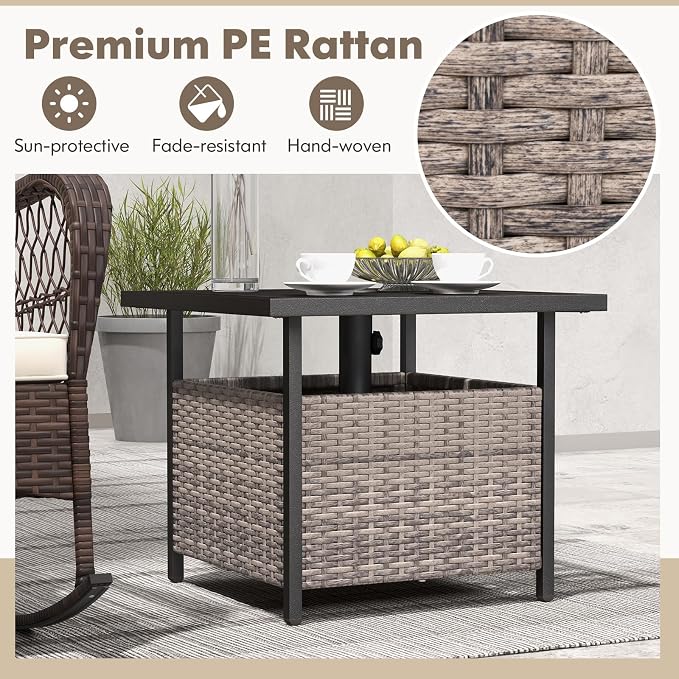 Tangkula Outdoor Table with Umbrella Hole, Rattan Umbrella Stand Table, Wicker Outside Side Table with Steel Metal Frame, Patio Bistro Table for Deck Garden Pool Yard, 22 x 22 x 18.5 Inch (Grey)