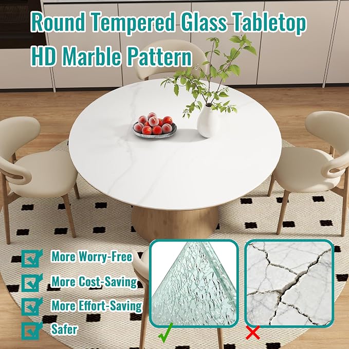 28" Round Tempered Glass Table Top, Marble Glass Surface Protector Heat & Scratch Resistant Multipurpose for Dining, Coffee, Restaurant, Office and End Table (White Marble Pattern, 28 Inch)