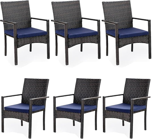 PHI VILLA Wicker Patio Dining Chairs Set of 6 with Removable Cushions | 6 Rattan dining chairs with thick removable seat cushions. Sturdy steel frame, easy assembly.