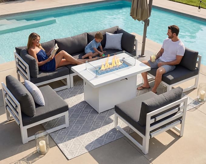 NICESOUL 7 Piece L-Shaped Contemporary Aluminum Outdoor Furniture Set with Firepit, 29" Deep Wide Large Couch Set, 500 lbs High Weight Capacity Modular Patio Sectional Sofa for Garden Lawn, Dark Grey