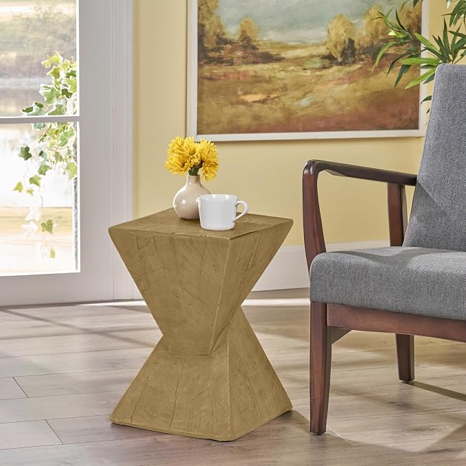 Christopher Knight Home Novi Outdoor Side Table, Geometric-Shaped Accent Side End Table, Garden Stool for Patio Balcony Beach Pool, Lightweight Concrete, Wood-Like Texture, Light Natural
