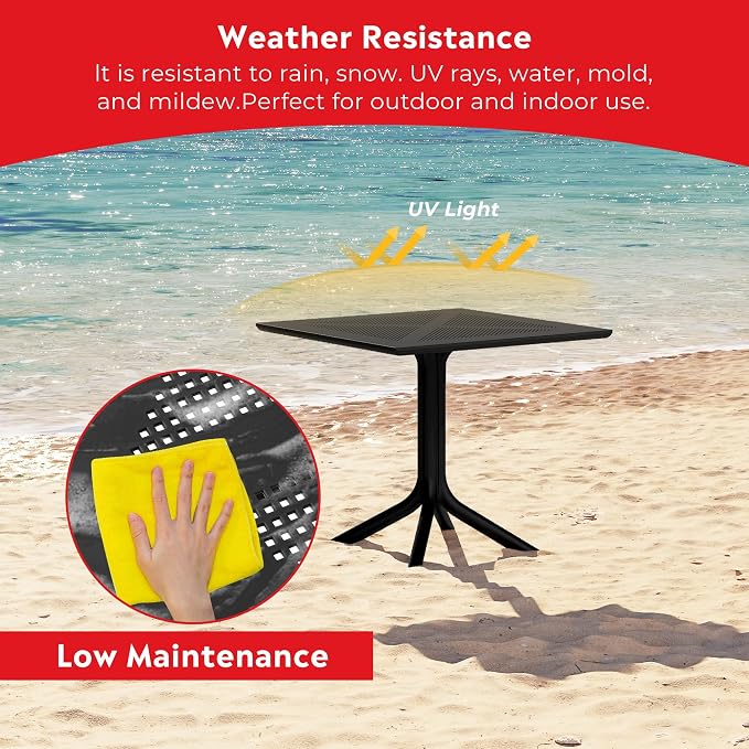 Costaelm Patio Dining Table for 4, Square PP Patio Table, 4-Person Weather Resistant Porch Tables for Outside Poolside Deck Lawn Garden Backyard, Black