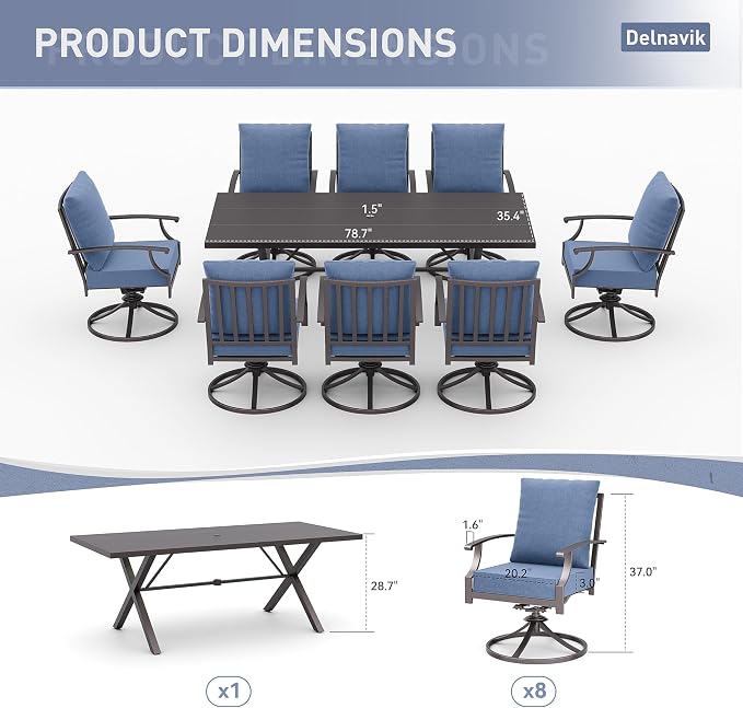 Kurapika 9 Pieces Patio Dining Set Outdoor Furniture with 8 Swivel Chairs, Metal Patio Furniture Set 8 Chairs and Large Table with Umbrella Cutout for Yard Porch Deck, Navy Blue