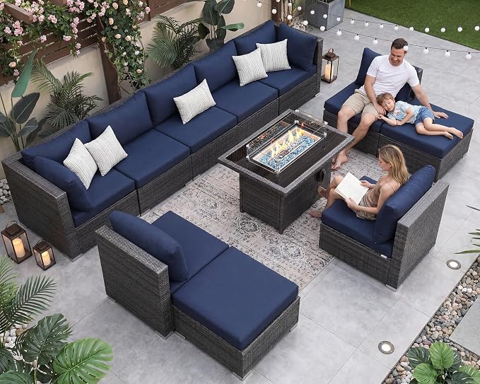 NICESOUL 11 Piece Outdoor Furniture Set with Firepit Table, Luxury 10-Person Patio Sectional Sets, 29.3'' High-Back Backyard Seating Area, All-Weather Rattan Couch Set for Outside, Deck, Grey&Blue