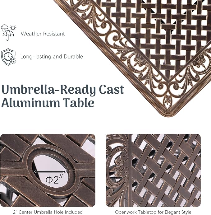 Redlife 7-Piece Cast Aluminum Outdoor Dining Set, 59" Rectangular Patio Table with Umbrella Hole, 2 Swivel Rocker Chairs & 4 Stackable Chairs with Cushions, Lattice Backrest