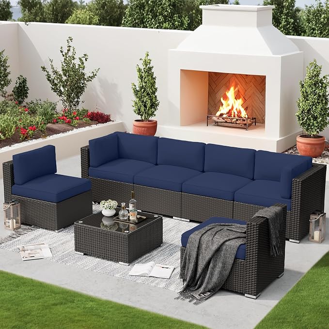 SUNCROWN 7-Piece Outdoor Patio Furniture Sofa Set All-Weather Wicker Sectional Conversation Set with Modern Glass Coffee Table and Cushions, Garden, Backyard, Deck,Dark Blue