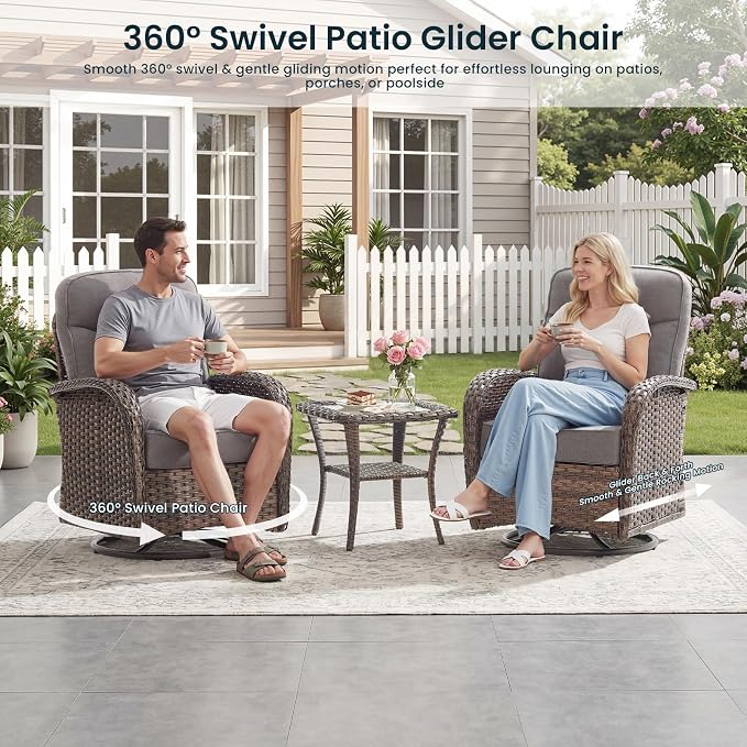 Luxury 6-Inch Cushion Patio Furniture Set, High Back Outdoor Swivel Rocker Patio Chairs with Outdoor Couch, Outdoor Wicker Conversation for Deck Porch Garden Balcony Poolside Gray Cushion