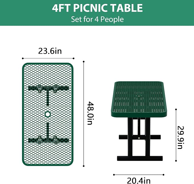 4FT Picnic Tables for Outdoors, Green Rectangular Heavy Duty Commercial Picnic Table with Umbrella Hole,Weather-Resistant Camping Table Dining Table for Backyard, Patio, Garden, Shops, Parks