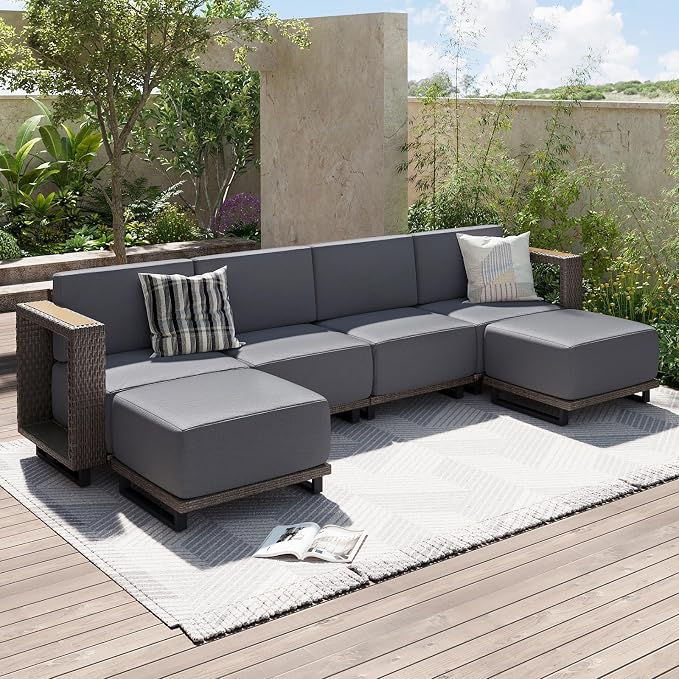 Aoxun Patio Furniture Set, 6 Piece Outdoor Wicker Sectional Sofa Set, All-Weather Rattan with 10'' Ultra-Thick Cushions, Outdoor Conversation Set for Backyard, Poolside and Garden, Brown/Dark Gray