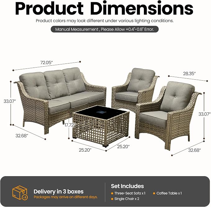 4 PCS Patio Conversation Set, All-Weather High Back Wicker Outdoor Patio Furniture Sets with Two Single Chairs, Solar Light Coffee Table,Outside Furniture for Porch Backyard Balcony,Dark Grey