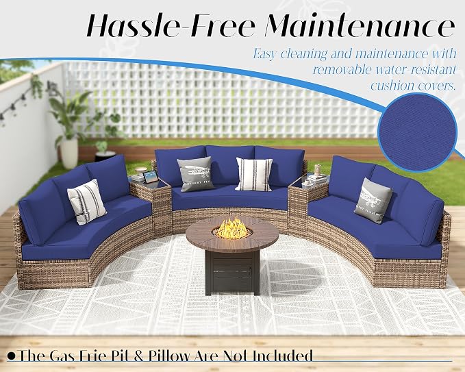 LUXOAK 11-Piece Wicker Patio Furniture Set with Storage Wedge Table, Waterproof Half-Moon Sectional Sofa with Cushions, Rattan Outdoor Conversation Set for Garden, Pool, Beach & Balcony, Blue