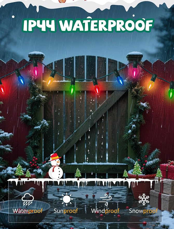 26Ft C7 LED Multicolor Christmas Lights Outdoor, Vintage Christmas String Lights with 27 Clear Colored LED Bulbs, Hanging Old Fashioned Xmas Decorations for Outside Holiday Party Garden, Green Wire