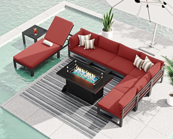 RADIATA 9 Piece XL Aluminum Patio Sectional Furniture Set with Chaise & Fire Pit Table, 500 lbs Heavy Duty Anti-Rust Outdoor Couch, 29 inch Deep Wide Seating, Elegant Conversation Sofa for Yard, Red